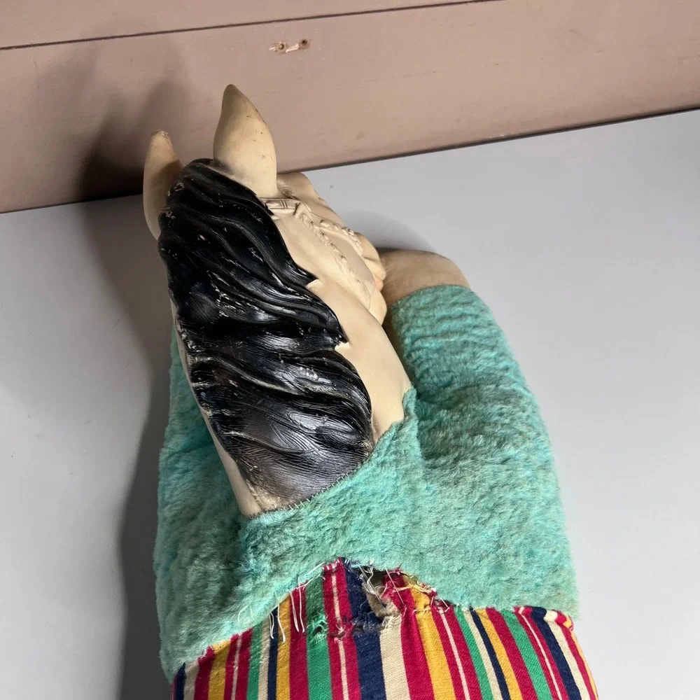 Vintage 1950s Carnival Prize Plush Horse‎ Rubber Head Teal Blue Striped Saddle
